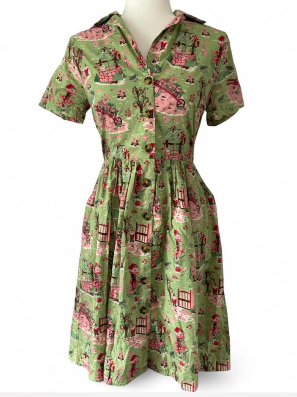 Joanie Fit-and-Flare Button-Front Dress Sz 4 Whimsical Garden Print Vintage